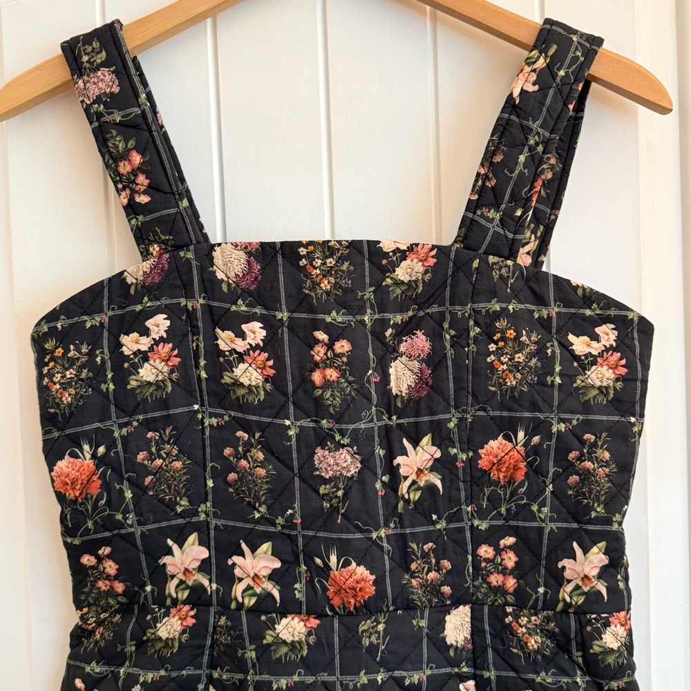 EDDY Black Floral Print Quilted Square Neck Sleeveless Mini Dress Size Medium - Picture 4 of 10
